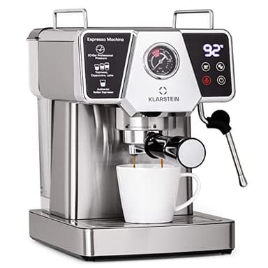 Klarstein Macchinetta Caffe Espresso 1.8 L, Macchina da Caffè Cialde Per Caffè Macinato e Cappuccino, In Acciao Inox, Cuscinetti Antiscivolo, con Montalatte