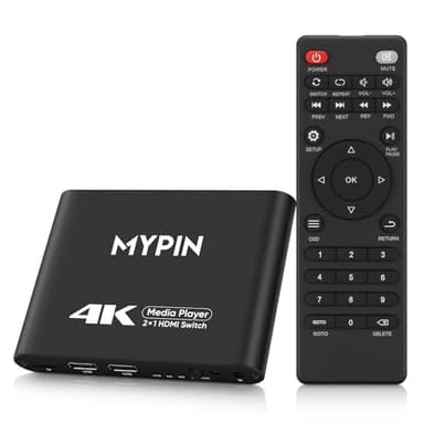 Lettore multimediale 4K con funzione di commutatore HDMI a 2 ingressi e 1 uscita, commutazione automatica con telecomando, lettore multimediale Supporta la riproduzione in loop/automatica/ripresa