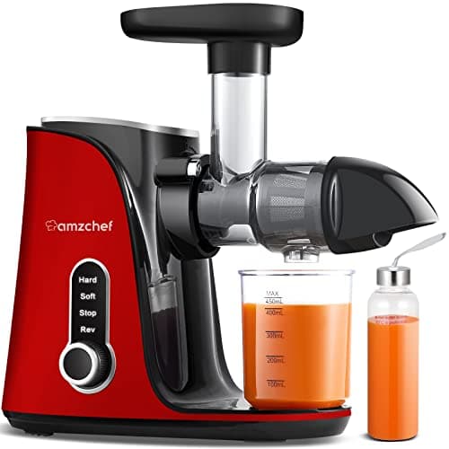 AMZCHEF Spremiagrumi frutta e verdura con 2 modalità di velocità – Slow Juicer con bottiglia portatile e 2 tazze – Senza BPA Cold Press Juicer con LED intelligente e funzione di inversione – Rosso