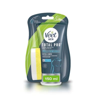 Veet Men. Crema Depilatoria Uomo. Crema depilatoria sotto la doccia Pelli Sensibili. Crema Depilazione Uomo Petto e Corpo, 150 ml.