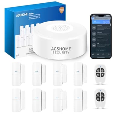 AGSHOME allarme casa senza fili Wireless, 120dB allarme casa 11kit, 1 antifurto casa con Sirena, 8 Sensori Porta e Finestra, 2 Telecomandi, Compatibile con Alexa e Google Assistant