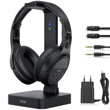 YGiTK Cuffie Wireless Over-Ear, Cuffie TV Wireless 2.4G con Base di Ricarica Trasmettitore RF 2.4G Cuffie Senza Fili Nessun Ritardo Audio per Anziani Support Ingresso Digitale Ottico
