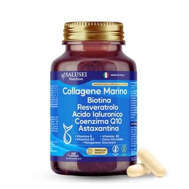 SALUSEI 120 Capsule Integratore Collagene Marino Idrolizzato 1100 Mg, Acido Ialuronico, Biotina 450mcg, Resveratrolo, Vitamine A, E, B3, B5, Coenzima Q10, Astaxantina, Zinco, Manganese, Capelli Unghie