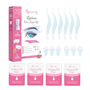 Beauty7 Strisce di Cera per Sopracciglia per Pelli Sensibili, 24 Strisce di Cera e 4 Salviette Post-ceretta con Olio Lenitivo Ceretta del Viso