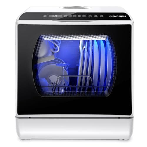 AIRMSEN Mini Lavastoviglie da Tavolo 5+1 Programmi, Serbatoio 5L, 2 Modi di Approvvigionamento Idrico, Touch Control e Display LED, Ideale per Cucine, Appartamenti e Dormitori, Bianca e Nera