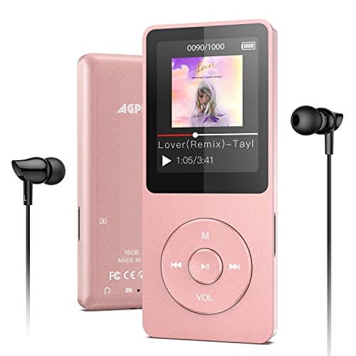 AGPTEK Lettore MP3 16 GB Bluetooth 5.3 con Auricolare, Lettore MP3 Portatile Musicale con Schermo a Colori TFT da 1,8",Radio FM/Registrazione, Supporto TF-128 GB (Oro Rosa)