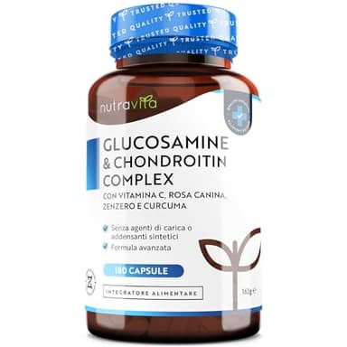 Glucosamina Solfato e Condroitina Complesso - con Vitamina C, Estratti di Cinorrodo, Zenzero e Curcuma - 180 Capsule Alto Dosaggio - Prodotto nel Regno Unito da Nutravita