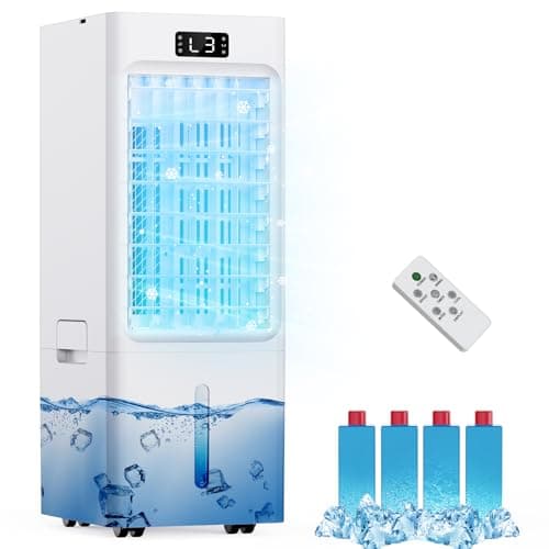 Condizionatore Portatile, 6L Raffrescatore d'aria con 4 Impacchi di Ghiaccio, 3 in 1 Raffrescatore Evaporativo, 3 Velocità 4 Modalità, Timer 1-12 ore, Telecomando 8M, Silenzioso per Casa Ufficio