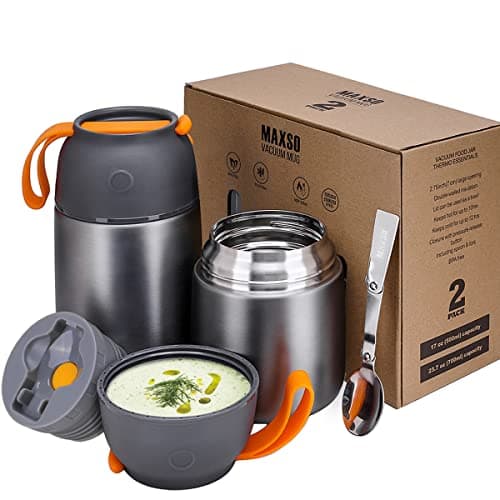 Logeeyar Thermos per Alimenti 2 Pezzi 500ml & 700ml, Contenitore Termico per Alimenti di Acciaio Inossidabile con Cucchiaio Pieghevole, Isotermico Sottovuoto per Cibi Caldi e Freddi(Grigio)