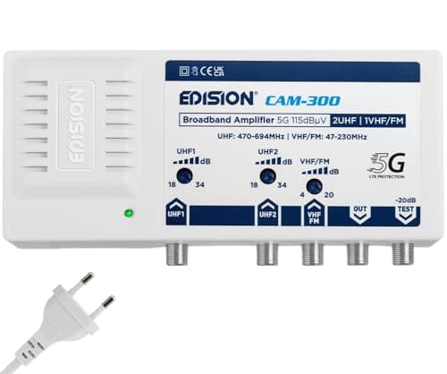EDISION CAM-300 Amplificatore Antenna TV, Centrale Banda Larga, 2UHF, 1VHF/FM, 18-34db Regolabile, 115dBmV, per Digitale Terrestre DVB-T/T2, con filtro 5G LTE, UHF 470-694Mhz, VHF/FM 47-230MHz