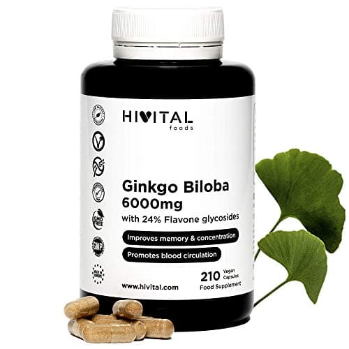 Ginkgo Biloba 6000mg 210 capsule vegane per 7 mesi. 100% Naturale con il 24% di Flavonoidi e 6% di Terpeni. migliora la memoria, la concentrazione e la circolazione sanguigna