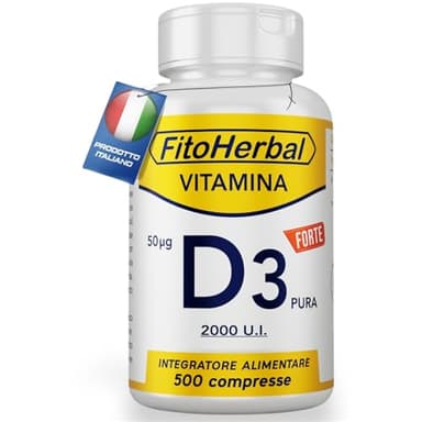 FitoHerbal Vitamina D 2000 UI ALTO DOSAGGIO 500 Compresse, Integratore Vitamina d3 2000 UI Supporto per Ossa Denti Muscoli, Integratori Sistema Immunitario Formato Famiglia, Made in Italy