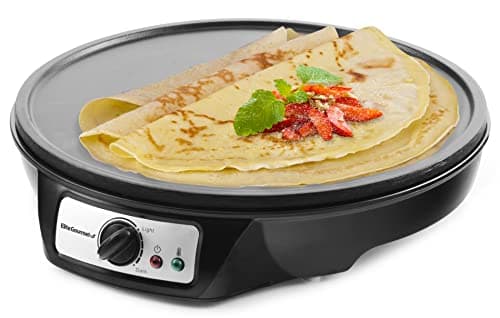 Elite Gourmet, Crepiera elettrica ECP-126 per crêpes, pancake, torte, piastra antiaderente, con spargitore, spatola e ricette, lingua italiana non garantita, 30,5 cm, nero