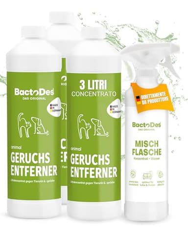 Bactodes - Neutralizzatore odori Animali Domestici concentrato da 3l con boccetta Spray - Detergente Enzimatico per urina di Gatti, Cani con Effetto bio-microbico - Eliminaodori per odori sgradevoli