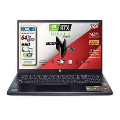 acer Nitro Notebook Gaming, Cpu Intel Core i7 13620H, Ram 64Gb DDR5, 1 Tb, Display 15,6" IPS 144Hz, NVIDIA GeForce RTX 4050 6Gb GDDR6, Tastiera Retroilluminata e Fingerprint, Preconfigurato