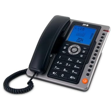 SPC Office Pro - Telefono fisso da tavolo con ampio schermo illuminato a batteria, 7 memorie dirette, identificativo chiamante e vivavoce - Noir