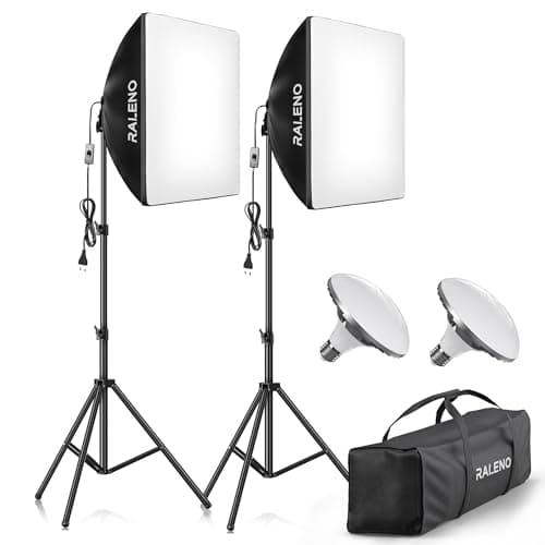 RALENO Softbox 2 x 50W LED Softbox Set per Studio Fotografico, 2 x 50x50 cm, Luce Fotografica con Lampadina da 5500K e Treppiedi, Lampada Fotografica per Ritratti