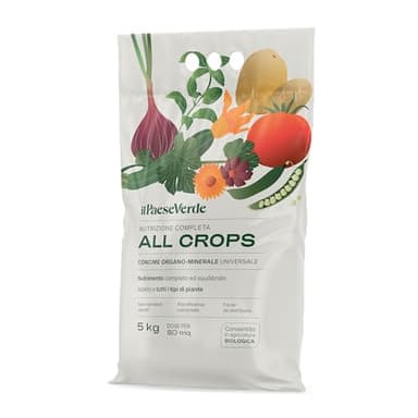 Concime All Crops 5kg. Concime organo minerale adatto a tutti i tipi di colture. Può essere usato nell’orto, in giardino e in vaso. Formulazione micropellet facile da distribuire.
