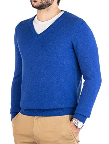 Cashmere Zone-Maglione Uomo Collo a V Pullover Invernale Manica Lunga Morbido e Caldo in 5% Cashmere Blend 25% Lana, 30% Viscosa e 40% Poliamide (XL, Blu Elettrico)