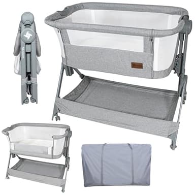 Twinly - Culla Co-sleeping da affiancare COMFORTLY con materasso, Lettino Co-Sleeping Neonato Compatibile con Diversi Letti, culla viaggio per bambini 6 mesi Altezza Regolabile,Inclinabile (Grigio)