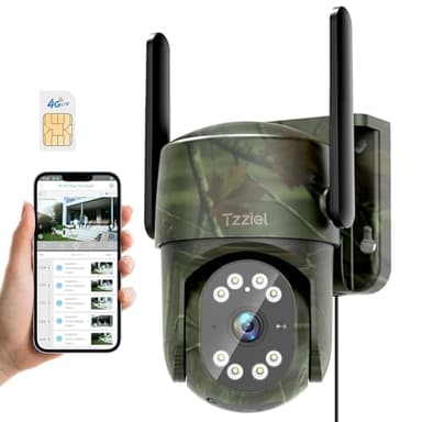 Tzziel 4G Telecamera di Sorveglianza con Scheda SIM, Allarmi PIR, Rotazione a 360° con Rilevamento e Tracciamento Automatico delle Persone, Visione Notturna, Audio Bidirezionale, Allerta, Impermeabile