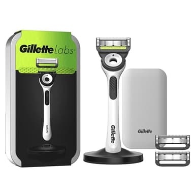Gillette LABS RASOIO UOMO, con 3 LAMETTE DA BARBA di Ricambio, BASE MAGNETICA e BARRA INTEGRATA Elimina Impurità Pelle, Rasatura Facile, Comfort Superiore, CUSTODIA DA VIAGGIO, Bianco, Idea Regalo