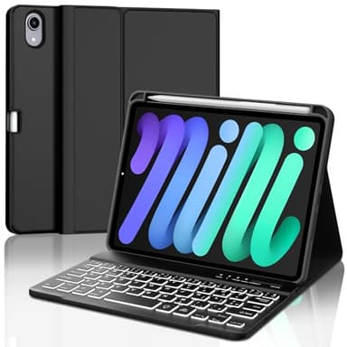 JADEMALL Custodia Tastiera per iPad Mini 7 (A17 Pro) 8.3" 2024, Italiano QWERTY Tastiera Retroilluminata Bluetooth con Portapenne per iPad Mini 7/6 8.3", Nero