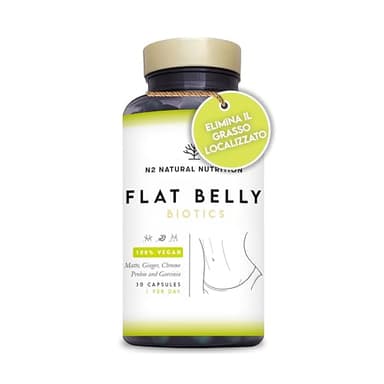 N2 Natural Nutrition Fermenti Lattici Flat Belly. Probiotici 30 Miliardi UFC, 30 Ceppi Batterici. Per la Flora Intestinale con Garcinia, Zenzero, Mate, Cromo e Caienna. 30 Capsule.Vegan.