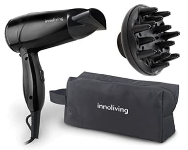Innoliving Asciugacapelli Phon INN-618,Asciugacapelli Fon Pieghevole Compatto Professionale 1600W, Tasto Aria Fredda e 2 Velocità,con Diffusore e Custodia Inclusi, Manico Pieghevole, Nero, 1.0 unità