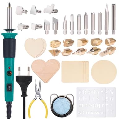YIHUA 930-IV Kit Pirografo Per Legno Pirografia Temperatura Regolabile con 26 Pezzi punta a filamento 2 Quadrati di Legno(EU PLUG)