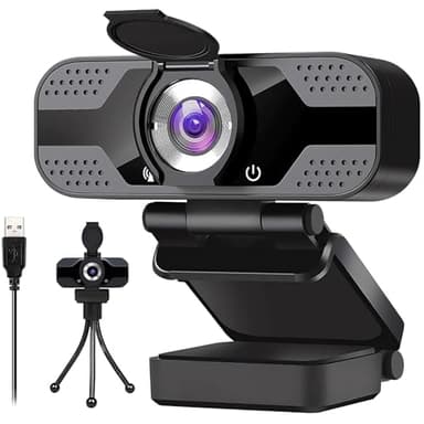 Webcam 1080p PC con Doppio Microfoni con Cancellazione del Rumore, Auto-Focus, Correzione Luce, con Privacy Shutter e treppiede, Plug&Play, USB Webcam Full HD per Videochiamate, Conferenza e Studio