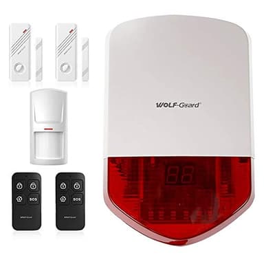 Wolf Guard LB-01A - Sirena flash strobo da 110 dB, sistema di allarme antifurto di sicurezza di base, con sensore porta finestra, telecomando portachiavi e rilevatore di movimento