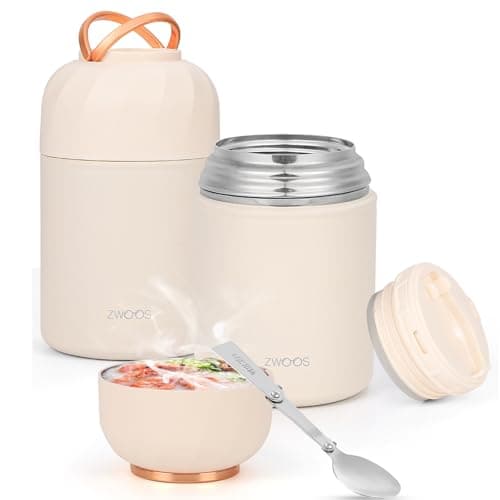 ZWOOS Termos per Alimenti 850 ml, Contenitore Termico per Alimenti Caldi con Maniglia, Portavivande Termico Acciaio Inossidabile con Cucchiaio, per Zuppa, Pasta (Bianco-850ML)