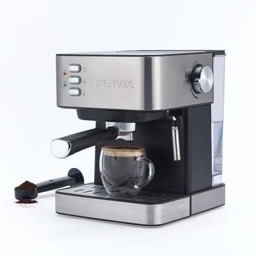 Petra Macchina Espresso Manuale con Montalatte – Compatibile con Caffè Macinato, Pompa Italiana a Pressione da 15 Bar, Serbatoio d'Acqua Rimovibile da 1.6L, Include Portafiltro, 850W, PT6137VDE