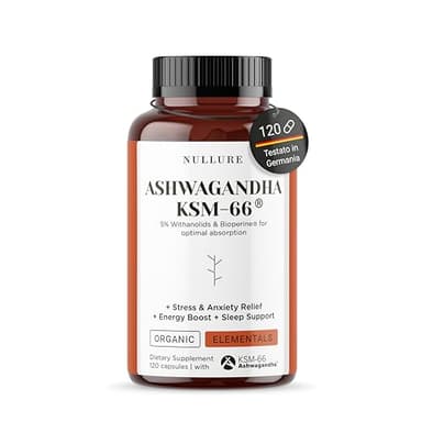 Nullure Ashwagandha KSM-66 Bio - Organica + BioPerine | Vegano | 600 mg | 5% Withanolides | 100% Puro | Antistress (Cortisolo) · Ansia · Performance · Vitalità · Energia | 120 capsule (2 mesi)
