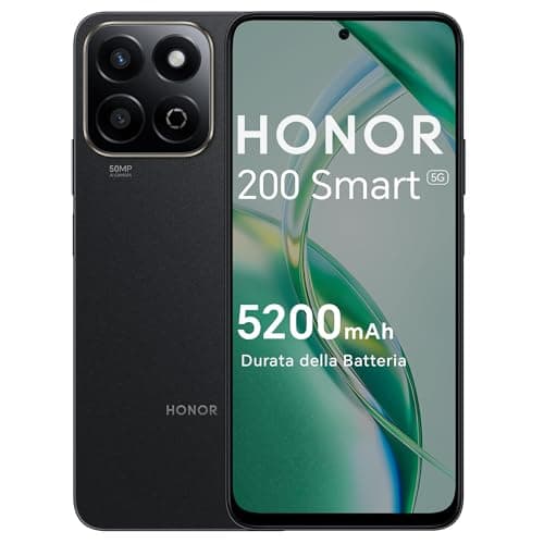 HONOR 200 Smart 5G Smartphone Dual SIM NFC, IP64, 360° Anti-Drop, Batteria 5200mAh telefono con 4GB RAM 256GB Memoria, 6.8 pollici 120Hz Comfort Display, 50MP+2MP, Midnight Black [Versione italiana]