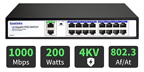 Goalake Unmanaged Switch Poe Gigabit a 19 Porte, 16 Gigabit Poe+ Fino a 240W, ogni porta fino a 30 W, IEEE 802.3af/at, VLAN, Protezione da Sovraccarico, Plug&Play, Montaggio Desktop o Rack
