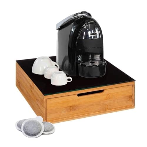 Avilia Cassetto Porta Cialde e Capsule in Bambù con Ripiano in Vetro Temperato nero, 31.5x30x10 cm, Ideale per Organizzare Caffè, Tè e Tisane