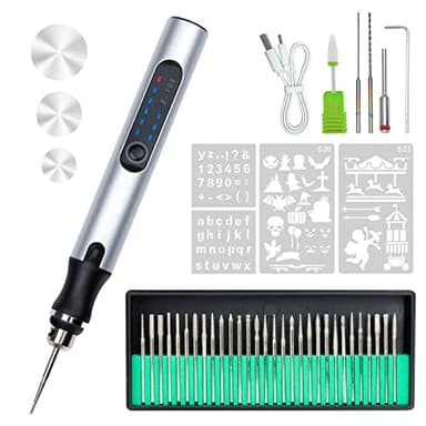 Penna per Incisione Elettrica - Incisore Portatile Senza Fili con 30 Punte, 3 Punte per Sega, 2 Punte da Trapano e 4 Stencil, Utensile Rotante Ricaricabile USB per Gioielli, Legno, Vetro e Metallo