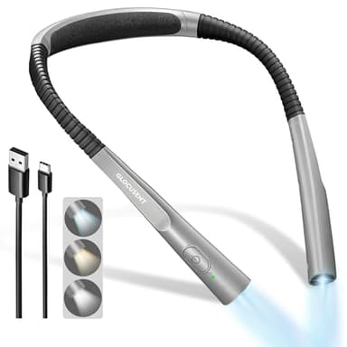 Glocusent Rinnovata LED Luce Lettura Collo, Luce per Lettura Libri a Letto, Timer 30min., 3 Colori & 3 Intensità Regolabili, Ricaricabile & Duratura, Ideale per Leggere, Sferruzzare, Riparare