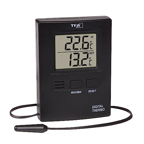 TFA Dostmann Termometro digitale per interni ed esterni, 30.1012.01, sensore per cavi impermeabile, valori massimi e minimi, temperatura interna ed esterna, Amazon Exclusiv, altezza 8,5 cm, nero