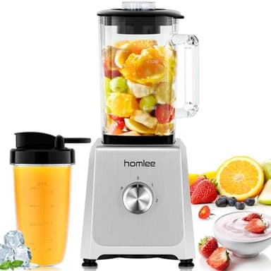 Homlee Frullatore Elettrico,1200W Blender,con2 Velocità e Funzione Pulse,6 Lame in Acciaio Inox,1.6L Brocca di Vetro Frullatore Tritatutto Multifunzione con Bottiglia da 500ml e Spazzola
