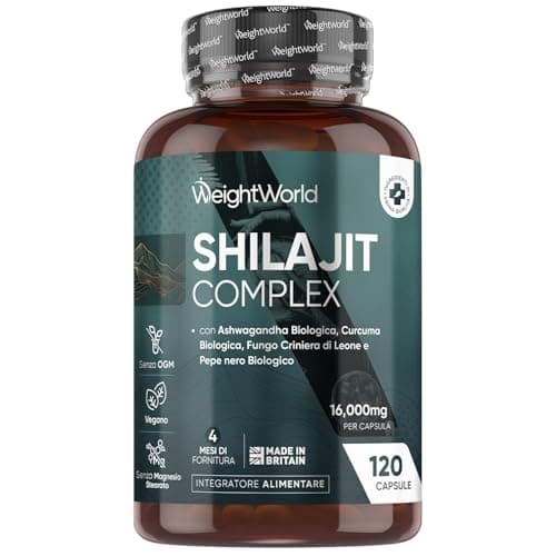 Shilajit Vegano, Estratto 40:1, 4 Mesi di Fornitura, 1 Capsula al Giorno di Shilajit Himalayano con Ashwagandha Bio, Lions Mane Mushroom, Curcuma Bio e Pepe Nero, Senza Magnesio Stearato e Senza OGM