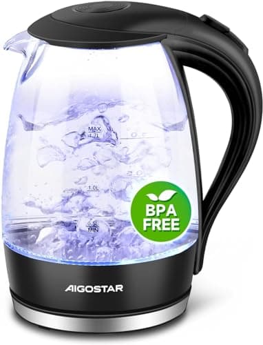 Aigostar Adam - Bollitore Acqua Elettrico in Vetro Borosilicato con LED, 1,7 litri, 2200W, Spegnimento Automatico, Filtro Anticalcare, Base di rotazione a 360° in Acciaio Inox, Teiera Senza BPA Nero