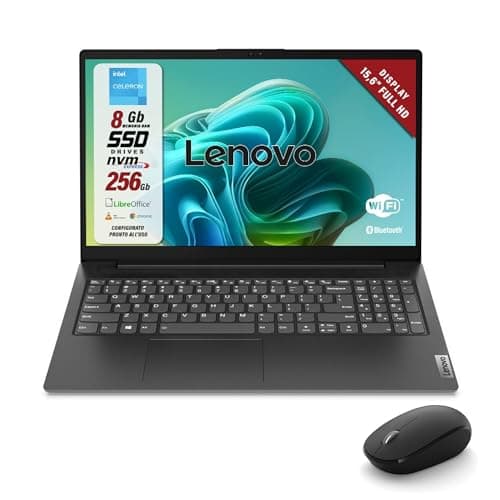 Lenovo, Pc Portatile Notebook, Display FHD da 15,6", CPU Intel N4500, Ram 8Gb, SSD 256Gb, Computer Portatile con Libre, W11 e Mouse Wireless