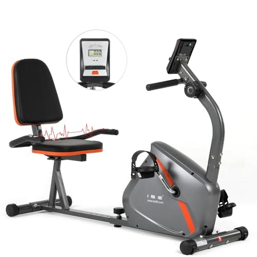 ISE Cyclette da Seduta con Sella Regolabil, Recumbent Ergometro Allenamento di Recupero, Sensori di Pulsazione, Cyclette Reclinata 8 Livelli di Resistenza Regolabili Magnetico, Ruote di Trasporto
