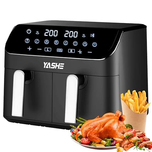 YASHE Dual Zone Friggitrice ad Aria Digitale, 9L Air Fryer con 2 Cestelli Antiaderenti, 8 in 1 Programmi di Cottura, Touchscreen LED, Smart Finish & Match Cook Friggitrice Aria