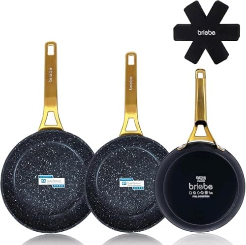 briebe Gold Titanium - Set di 3 padelle antiaderenti a induzione in titanio 20-24-28 cm, in alluminio forgiato con rivestimento senza PFOA, manico professionale in acciaio inox, piano cottura, gas, 3