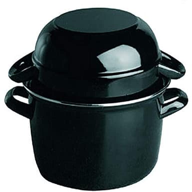 Pentola per cozze APS, pentola per servire cozze da 1,5 kg, pentola per frutti di mare, pentola per servire cozze, pentola per cozze in acciaio smaltato nero, capacità: 3,3 litri, coperchio: 1,6 litri, 22,5 x 26,5 cm, altezza 18 cm