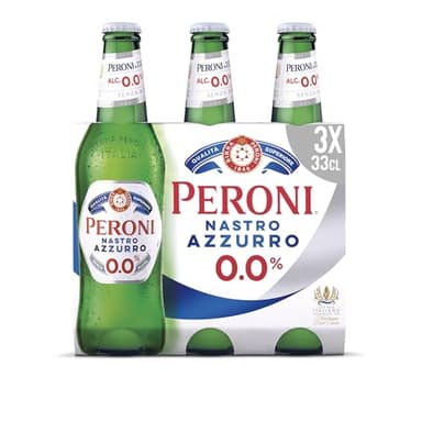 Peroni Nastro Azzurro 0.0 Birra Analcolica Premium Lager, Pack con 3 birre in bottiglia da 33cl, Gusto Secco e Rinfrescante, Zero Alcol